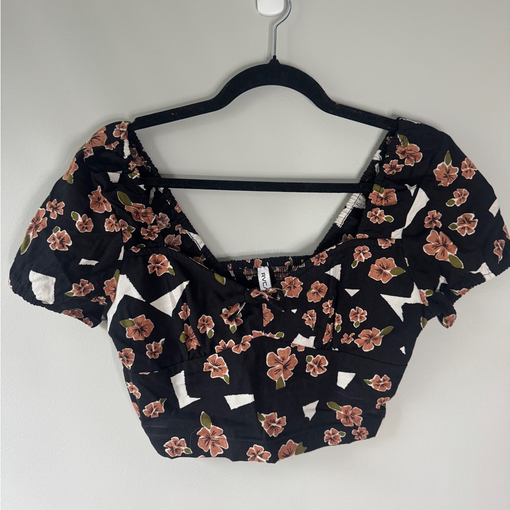 RVCA Black and Orange Puff Sleeve Crop Blouse